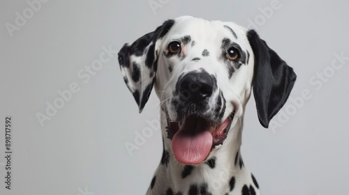 Dalmatian dog posing calmly on white background with tongue out