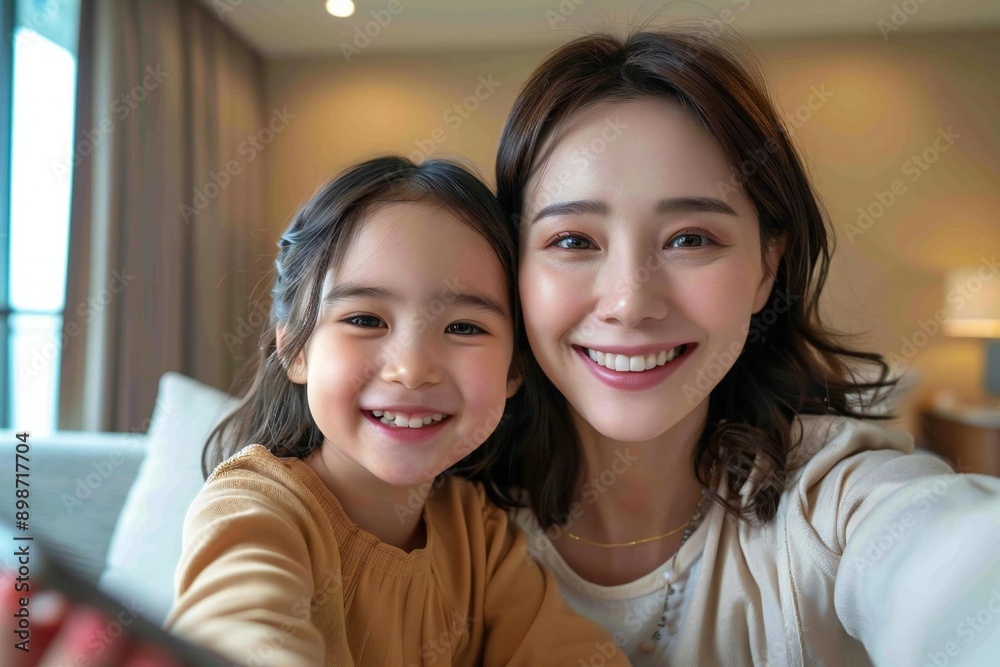 Beautiful mother and daughter smiling while taking a selfie on their smart phone at home. Beautiful mother and daughter smiling while taking a selfie on their smart phone at home.