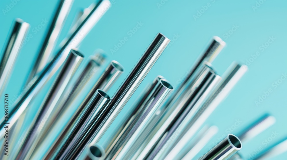 Many metal drinking straws on blue background Many metal drinking straws on blue background