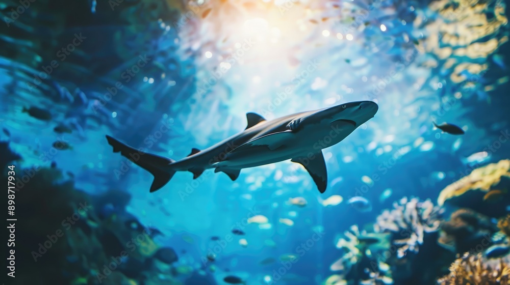 Shark silhouette swimming up aquarium tank Shark silhouette swimming up aquarium tank