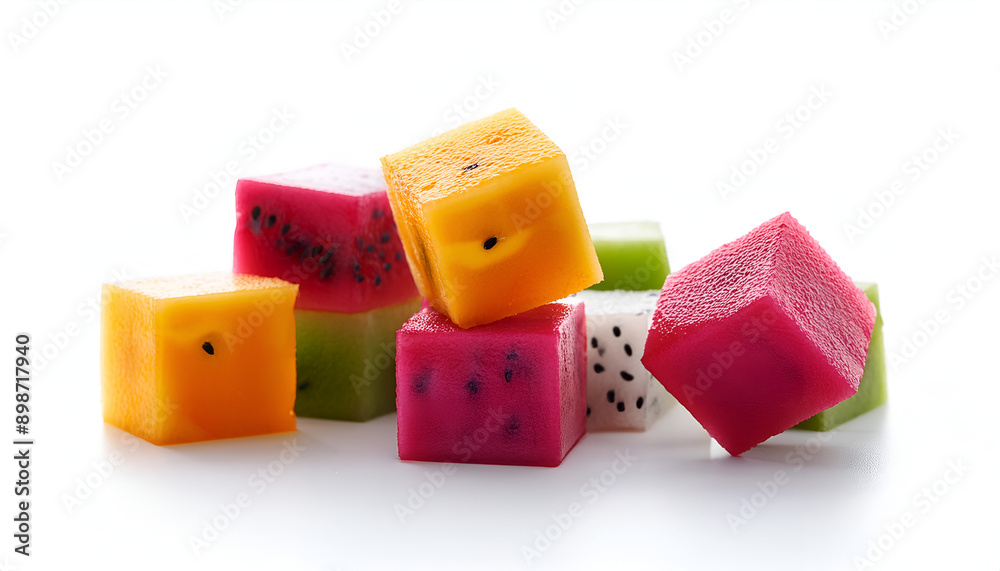 Colorful Cubes of Fruit Jelly Displayed on a White Background for Artistic Inspiration Colorful Cubes of Fruit Jelly Displayed on a White Background for Artistic Inspiration