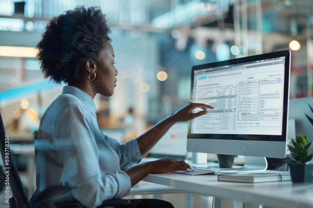 Beautiful African American businessperson's hand meticulously checking an invoice on a computer at their stylish office workstation. Beautiful African American businessperson's hand meticulously checking an invoice on a computer at their stylish office workstation.