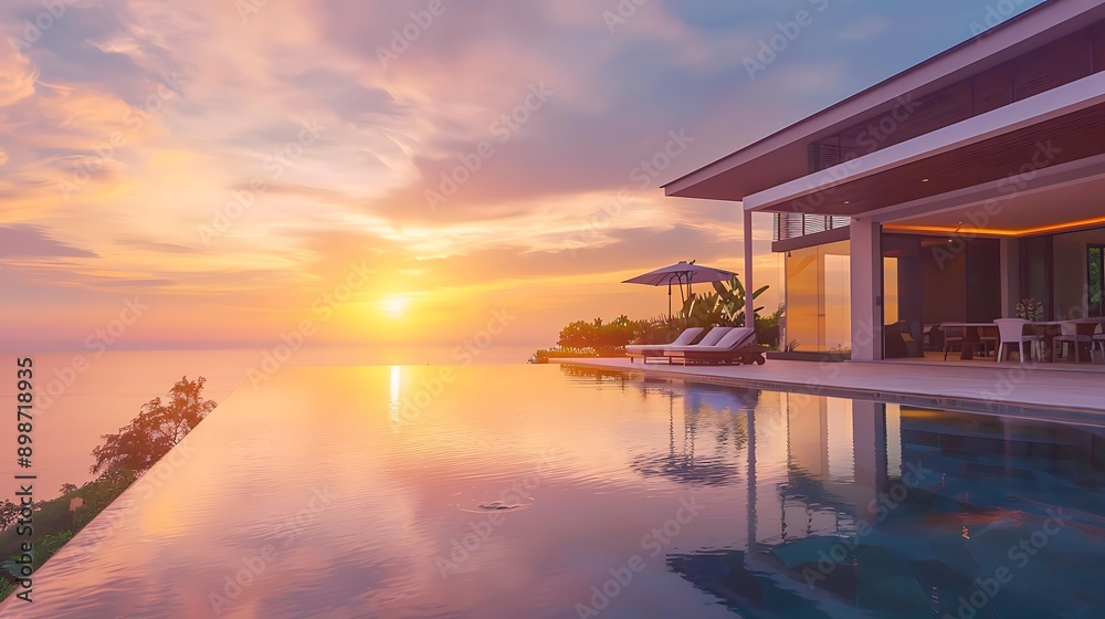 Ceiling fan luxury villa with infinity pool at sunset Ceiling fan luxury villa with infinity pool at sunset