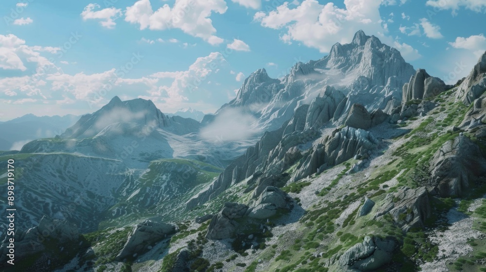 Fototapeta premium A scenic view of a mountain range with clouds in the sky, suitable for use in nature or travel themes