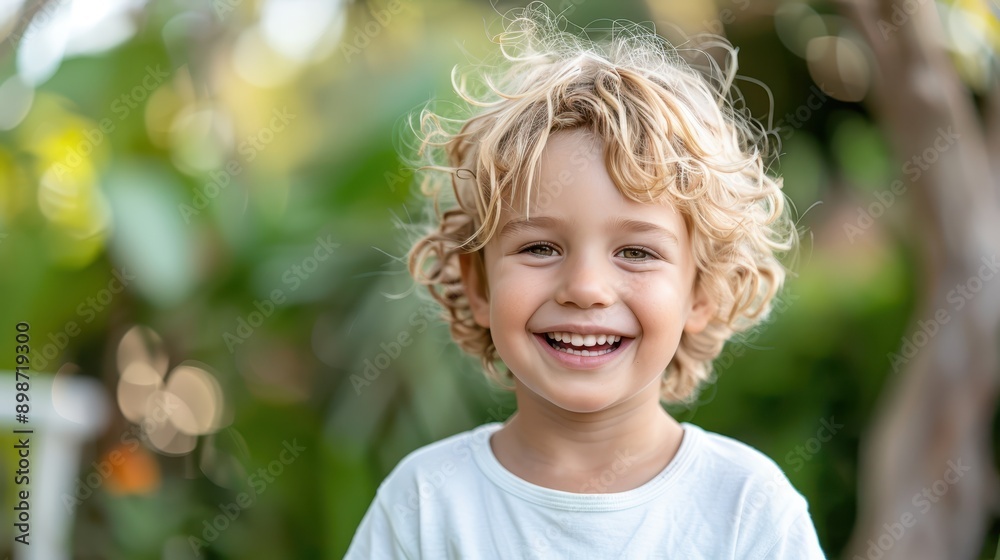 A blonde boy with curly hair smiles happily outdoors, capturing a joyful and innocent childhood moment amidst a backdrop of lush green foliage on a sunny day. A blonde boy with curly hair smiles happily outdoors, capturing a joyful and innocent childhood moment amidst a backdrop of lush green foliage on a sunny day.