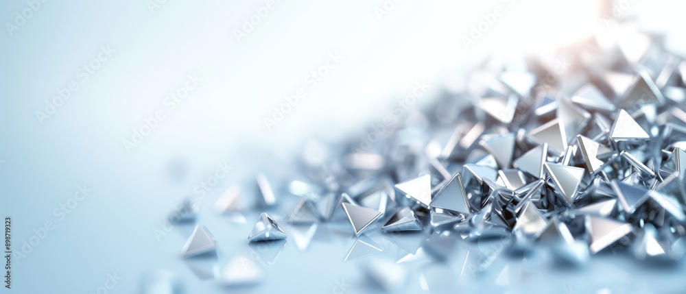 A tight shot of silver triangles assembled on a light blue backdrop, with a soft focus toward the image's center A tight shot of silver triangles assembled on a light blue backdrop, with a soft focus toward the image's center