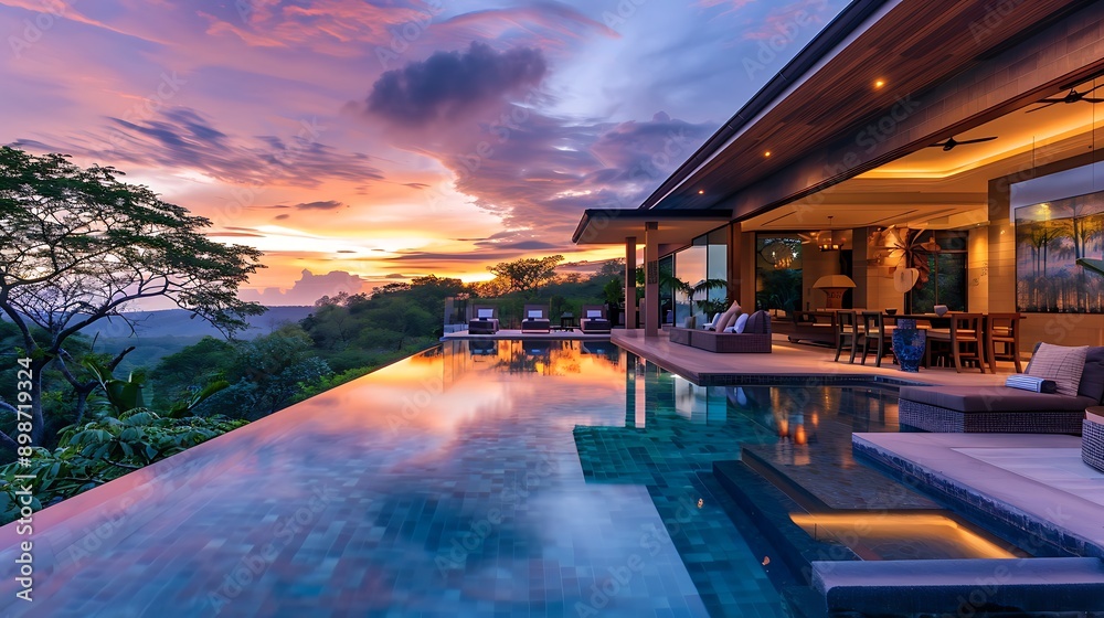 Fototapeta premium Ceiling fan luxury villa with infinity pool at sunset