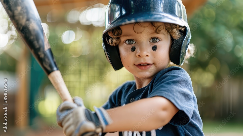 A young child in a dark blue helmet and shirt, with black face paint, stands ready to play baseball outdoors, holding a bat with a focused expression. A young child in a dark blue helmet and shirt, with black face paint, stands ready to play baseball outdoors, holding a bat with a focused expression.
