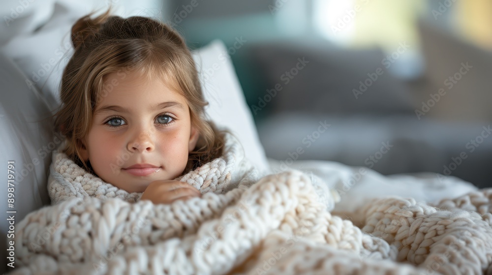 A young girl looks at the camera while wrapped in a cozy knitted blanket, lying on her bed, emanating warmth and a sense of relaxed comfort. A young girl looks at the camera while wrapped in a cozy knitted blanket, lying on her bed, emanating warmth and a sense of relaxed comfort.