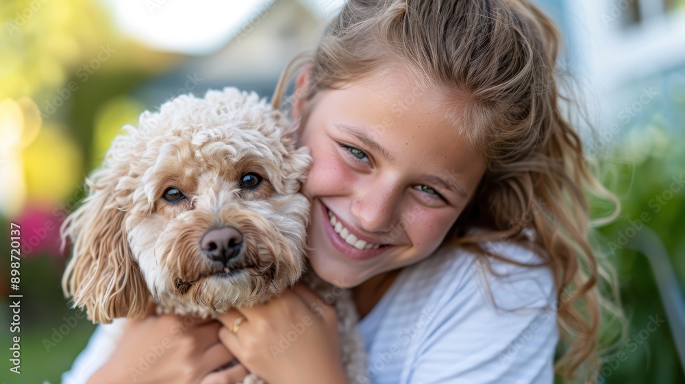 A young girl joyfully hugs her furry beige dog tightly, both with happy expressions on their faces, outside in a sunny backyard setting. A young girl joyfully hugs her furry beige dog tightly, both with happy expressions on their faces, outside in a sunny backyard setting.