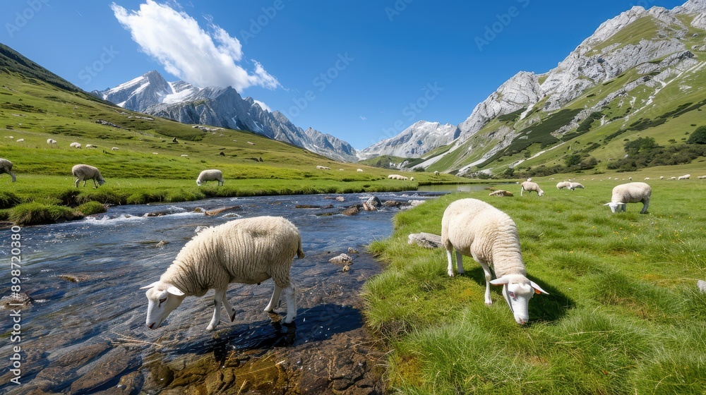 Fototapeta premium A peaceful image of sheep crossing a serene stream in a mountain valley, with lush greenery and rugged peaks, portraying the harmony of nature and rural life.