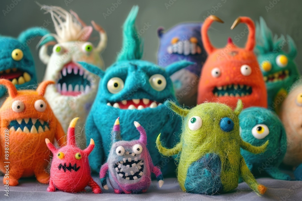 A group of small stuffed creatures sit side by side, seemingly friendly companions A group of small stuffed creatures sit side by side, seemingly friendly companions