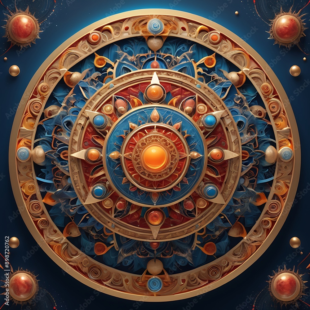 Circular mandala featuring ornate gold, blue, red, and orange details. Perfect for meditation, spiritual designs, textiles, and decorative elements. Circular mandala featuring ornate gold, blue, red, and orange details. Perfect for meditation, spiritual designs, textiles, and decorative elements.