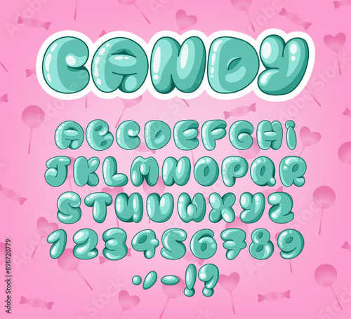 Cartoon Bubble Alphabet. Sweet plump font featuring uppercase letters, numbers and punctuation. Candies and lollipops on the background. Perfect for designs, invitations, logos and typography. Vector.