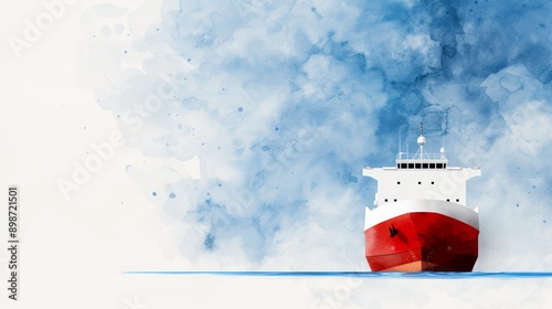 A vibrant watercolor illustration of a red and white ship on a calm blue sea, evoking serenity and adventure. photo