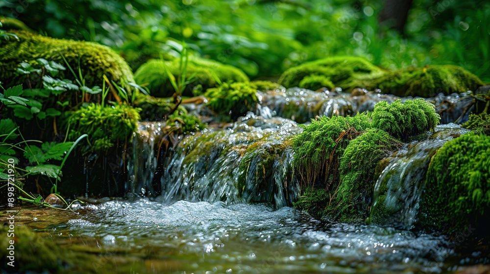 The water of the stream flows over mossy stones. Forest stream waterfall. Waterfall stream on mossy rocks. Mossy forest waterfall stream The water of the stream flows over mossy stones. Forest stream waterfall. Waterfall stream on mossy rocks. Mossy forest waterfall stream