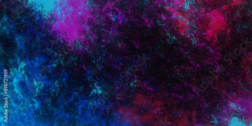 Star field background Aquamarine and pink dark red pink, blue and purple nebula universe. Cosmic neon light blue watercolor background aquarelle deep black Paper textured. Fantastic outer view space