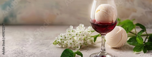 Red wine and white ice cream in a glass. Selective focus.