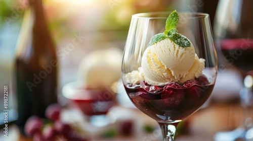 Red wine and white ice cream in a glass. Selective focus.