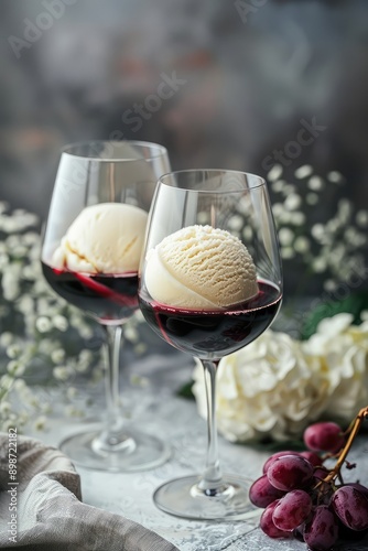 Red wine and white ice cream in a glass. Selective focus.