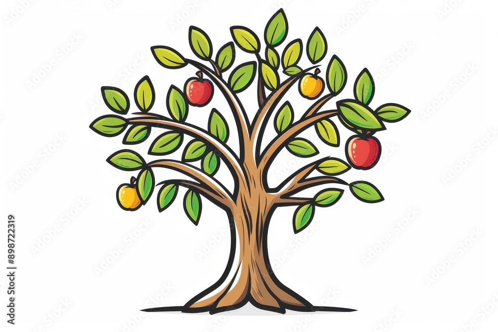 Obraz premium Cartoon tree with colorful fruits and a simple background symbolizing growth nature and simplicity perfect for environmental and lifestyle themes