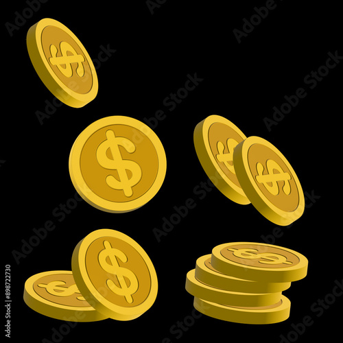 Shiny Gold Coins with Dollar Symbols Isolated on Black Background