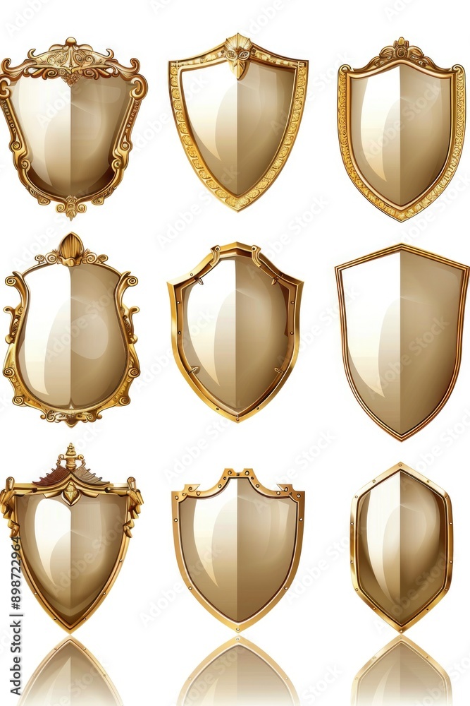 A collection of shiny golden shields reflecting off a clean white surface A collection of shiny golden shields reflecting off a clean white surface