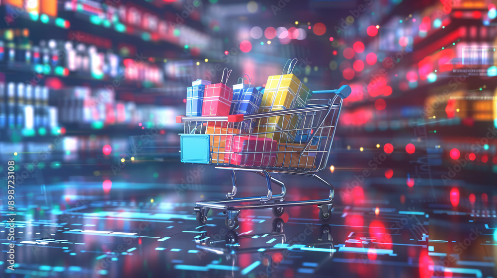 3D illustration of a shopping cart filled with colorful packages, set against a futuristic digital background 3D illustration of a shopping cart filled with colorful packages, set against a futuristic digital background