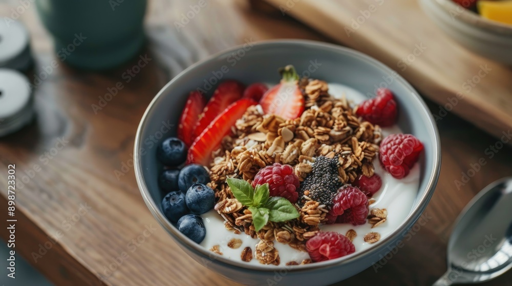 Colorful Fruit and Nut Granola Bowl with Yogurt Acai and Spirulina on Kitchen Table Colorful Fruit and Nut Granola Bowl with Yogurt Acai and Spirulina on Kitchen Table