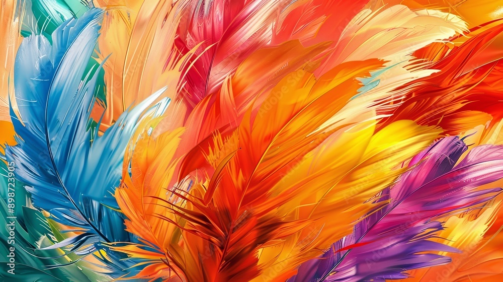 Colorful bird feathers creating a lively painted background Colorful bird feathers creating a lively painted background