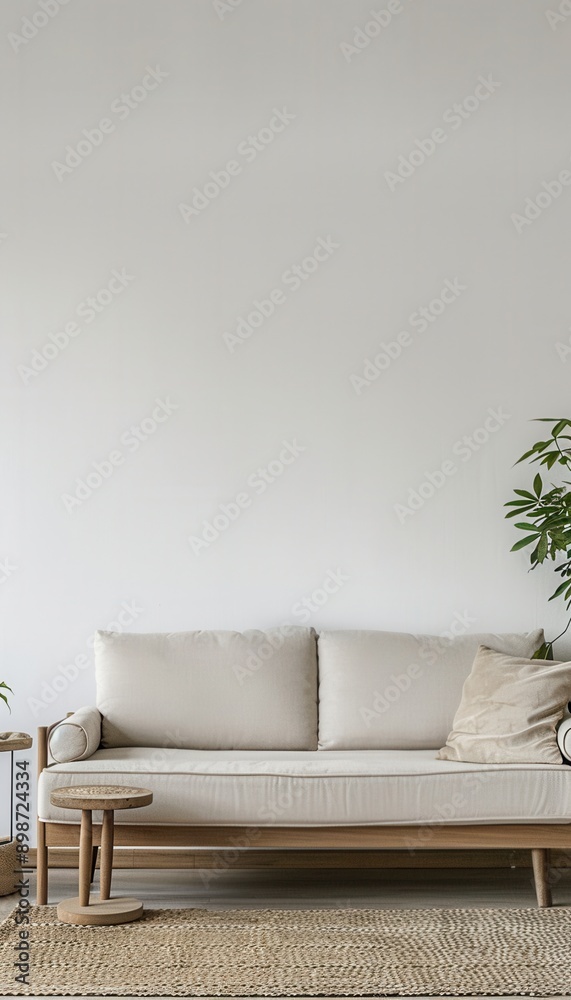 A white sofa with wooden frame and cushions sits in front of a white wall, with a wooden side table and a woven rug in front of it. A leafy plant is in the background. Generative AI A white sofa with wooden frame and cushions sits in front of a white wall, with a wooden side table and a woven rug in front of it. A leafy plant is in the background. Generative AI