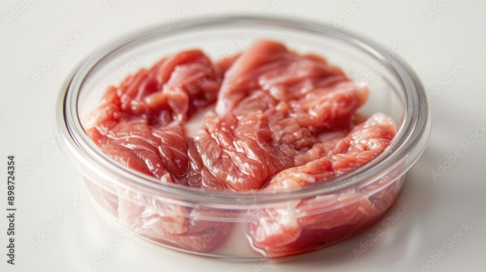 Raw cultured meat in Petri dish on white table closeup view Text space available Raw cultured meat in Petri dish on white table closeup view Text space available