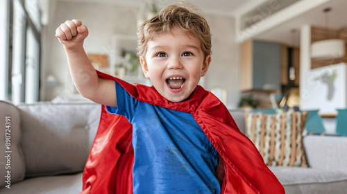 portrait of a happy toddler boy wearing a red cape, pretending to be a superhero in a living room, child's innocence and imagination
