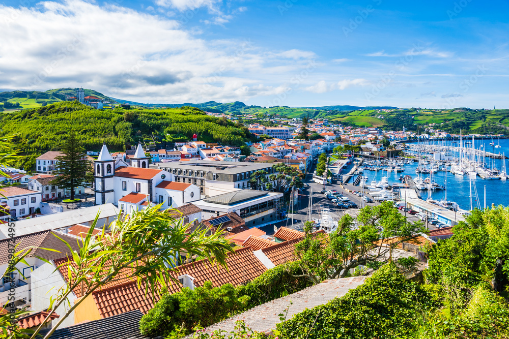 View of Horta town with port in beautiful bay, Faial island, Azores, Portugal
