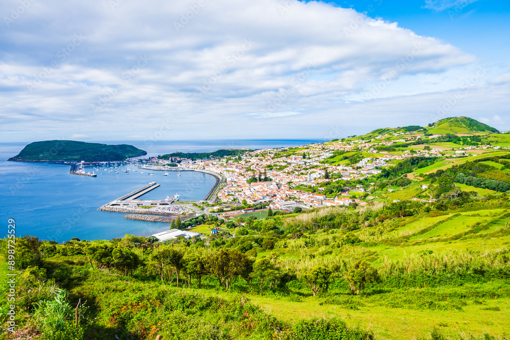 View of Horta port from Nossa Senhora da Conceicao viewpoint on coast of Faial island, Azores, Portugal, Faial island, Azores, Portugal