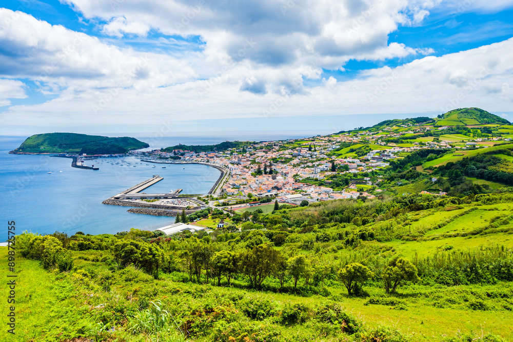 View of Horta port from Nossa Senhora da Conceicao viewpoint on coast of Faial island, Azores, Portugal, Faial island, Azores, Portugal