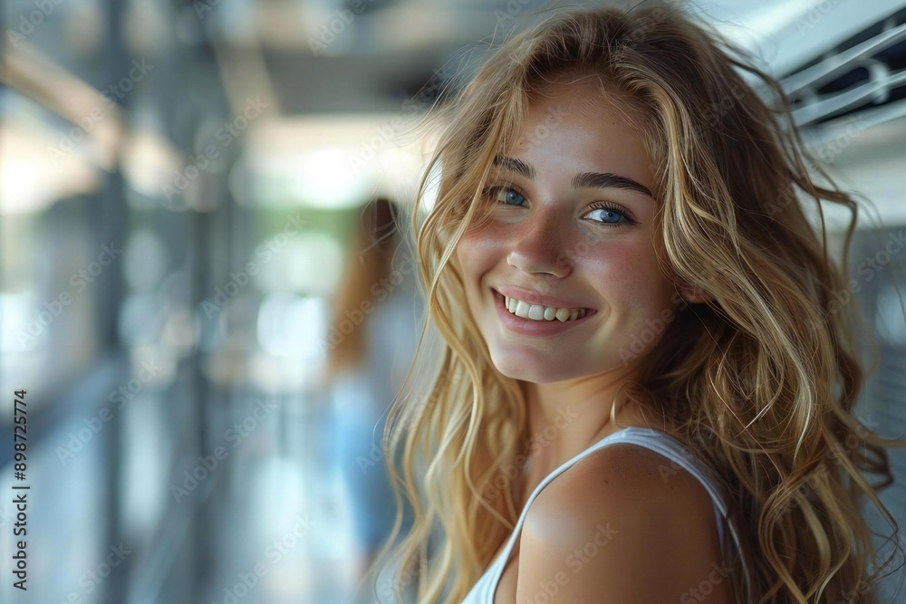 - Happy young businesswoman with a beautiful smile, working in the office with air conditioning. - Happy young businesswoman with a beautiful smile, working in the office with air conditioning.