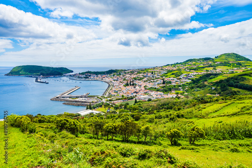 Obraz na płótnie View of Horta port from Nossa Senhora da Conceicao viewpoint on coast of Faial island, Azores, Portugal, Faial island, Azores, Portugal w salonie