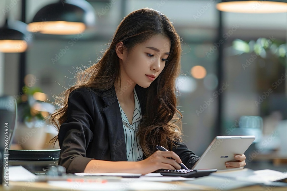 Fototapeta premium Beautiful businesswoman calculating invoice using a calculator at her workplace.