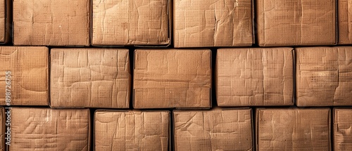  A room holds several brown boxes stacked high, beside a wall clock