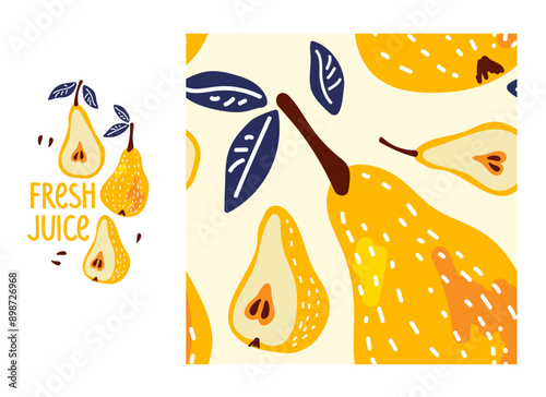 Fresh Juice. Yellow Pear fruit and Pear slices with leaf and seamless Yellow Pears pattern. Fresh fruits Vector Summer ore Autumn Repeated background for textile, fabric, paper, wallpaper, packaging