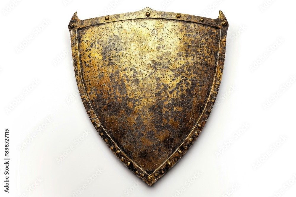 A metal shield with rivets adorns a white wall, great for use in industrial or military-themed designs A metal shield with rivets adorns a white wall, great for use in industrial or military-themed designs