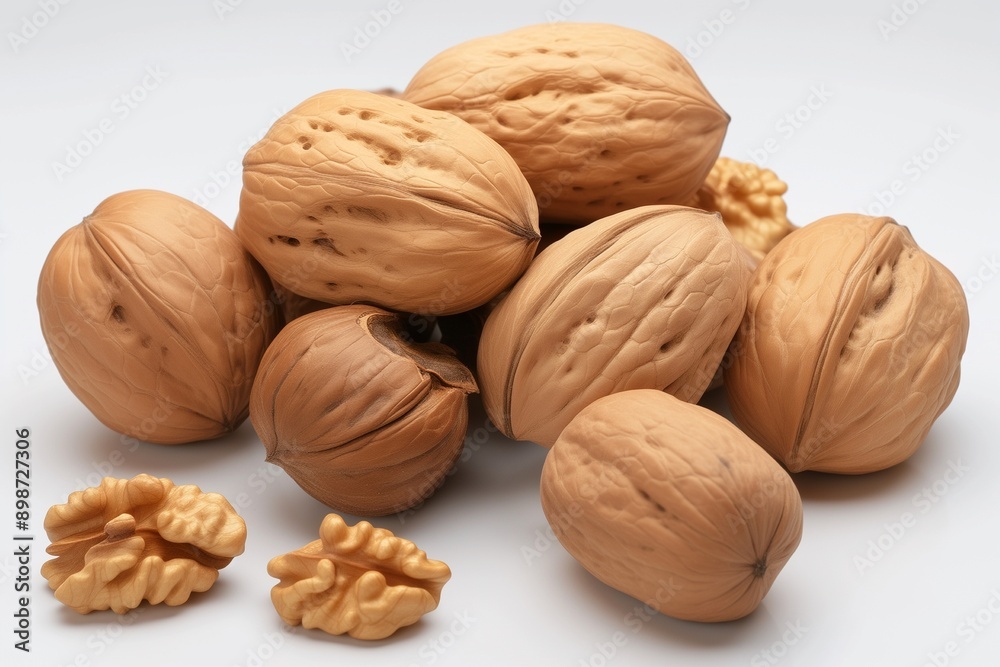 walnuts in the shell and opened walnuts and single walnut