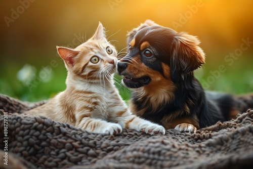 A Heartwarming Moment Between a Dog and Cat, Dog and Cat Playing Together © kenkuza
