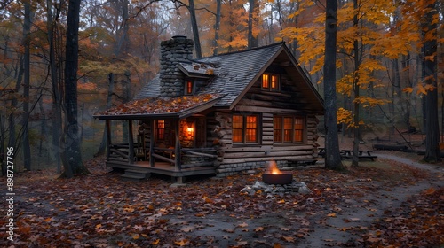 a picturesque woodland retreat in autumn, a quaint log cabin and a blazing fireplace, surrounded by colorful leaves and tall trees