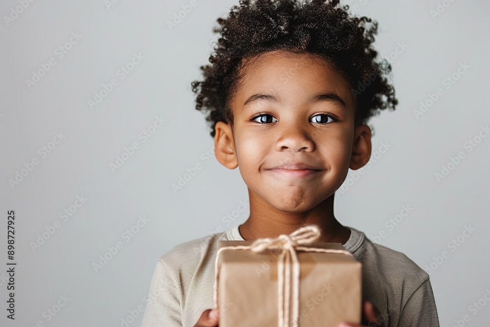 Smiling Child Holding Gift Box with Red Ribbon Smiling Child Holding Gift Box with Red Ribbon