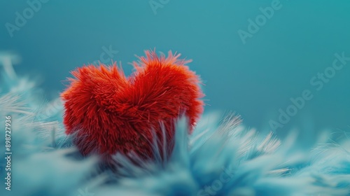 Fluffy red heart against a blue Valentine s Day backdrop symbolizing love and tenderness