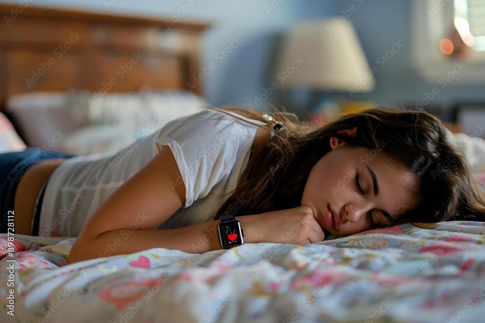 Beautiful woman peacefully sleeping on bed with a smart watch displaying heartbeat monitor. Beautiful woman peacefully sleeping on bed with a smart watch displaying heartbeat monitor.