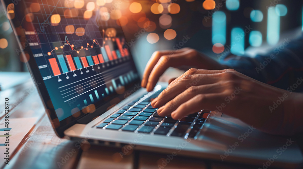 Close-up of a marketer's hands typing on a laptop with digital marketing analytics displayed on the screen Close-up of a marketer's hands typing on a laptop with digital marketing analytics displayed on the screen
