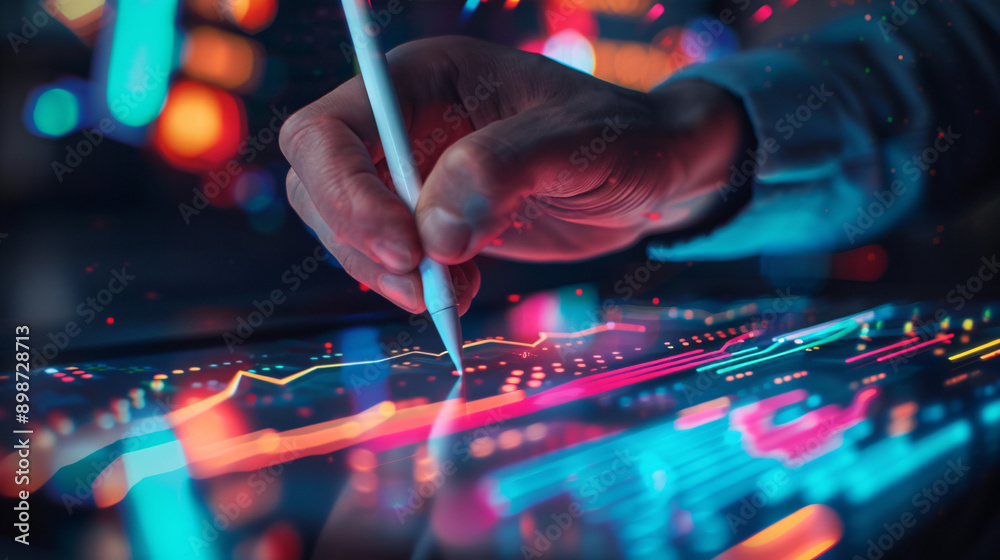 Close-up of a hand using a stylus on a tablet, creating a digital marketing plan with vibrant charts and graphs Close-up of a hand using a stylus on a tablet, creating a digital marketing plan with vibrant charts and graphs